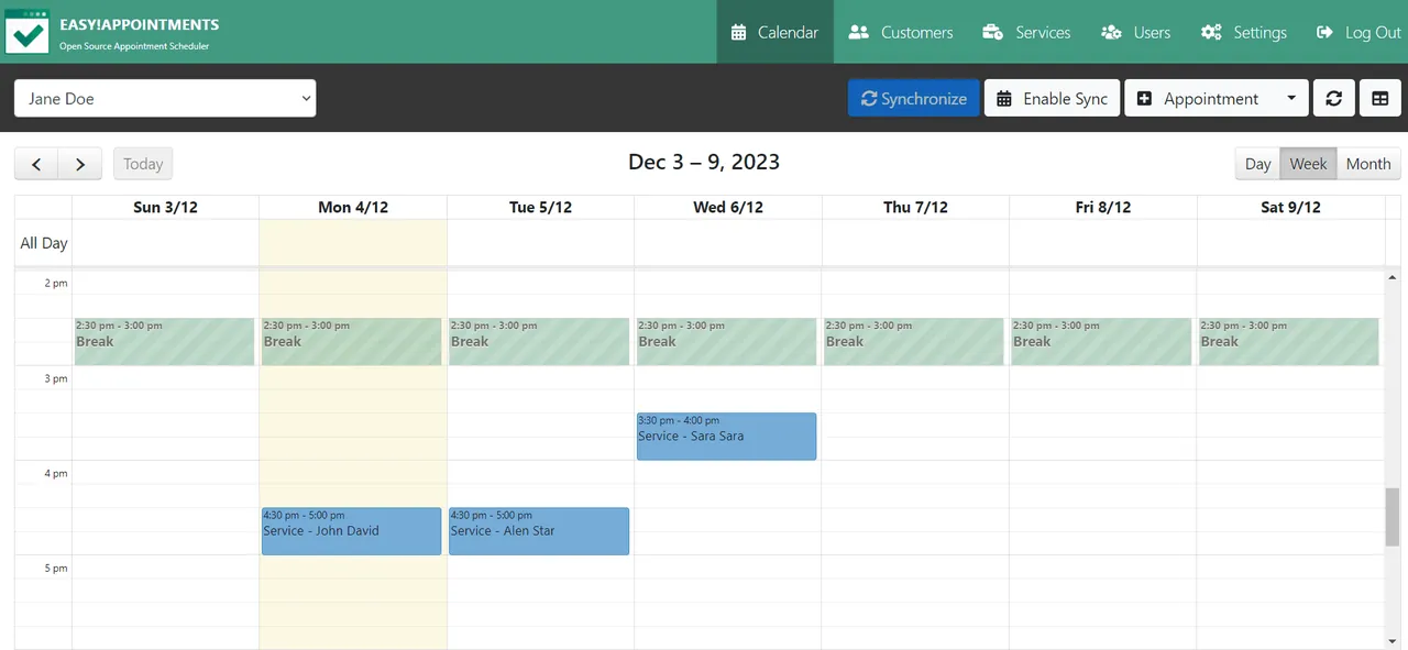 EasyAppointments interface