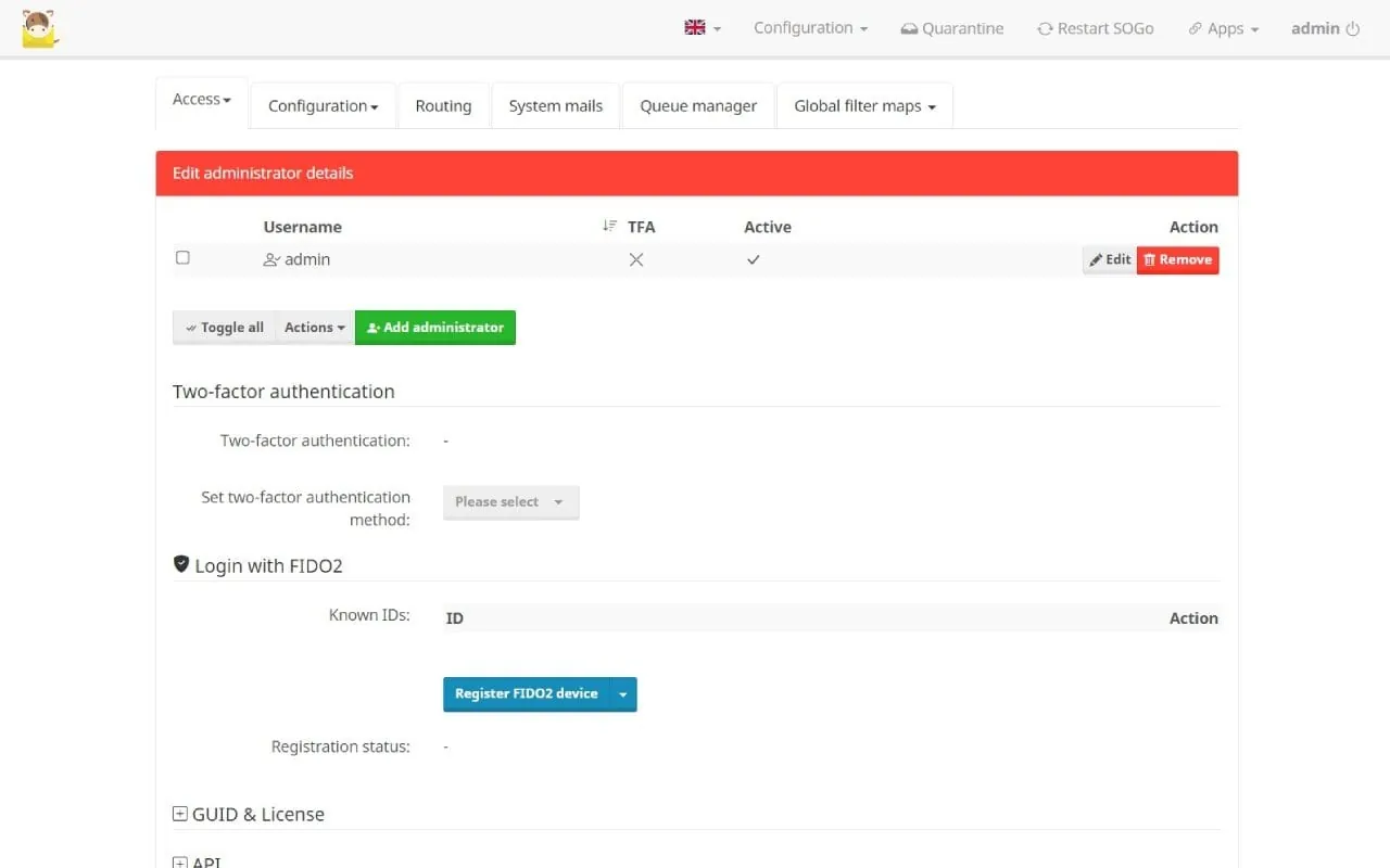 MailCow interface