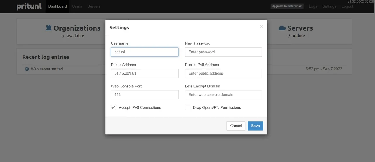 Pritunl interface