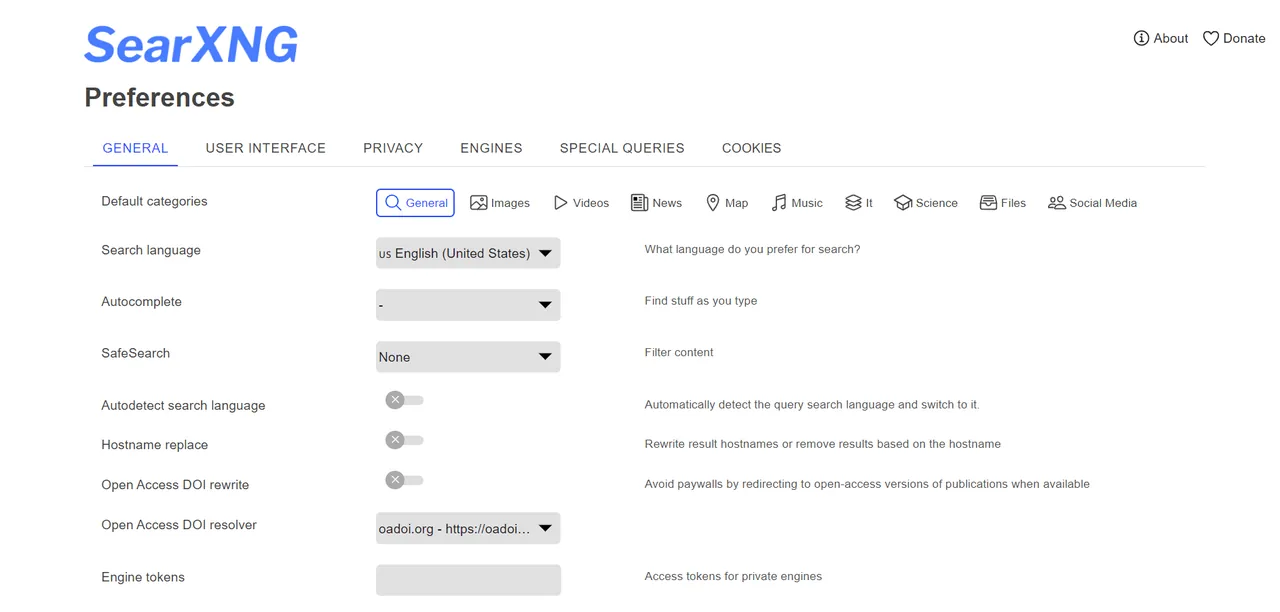 SearXNG interface