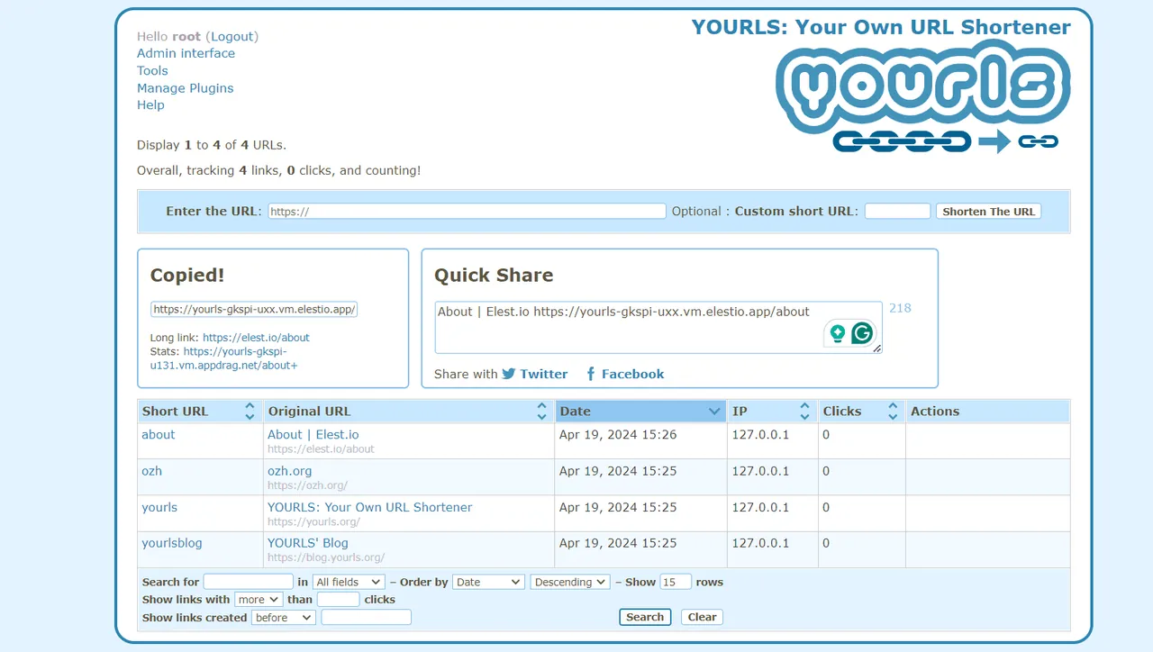 YOURLS screenshot 2